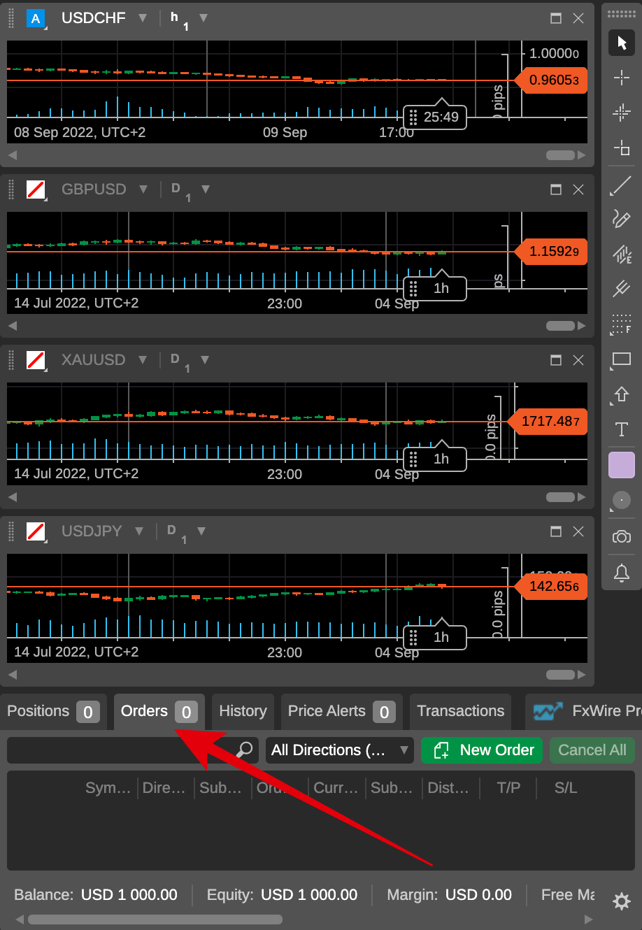 Sus órdenes activas se muestran aquí (RoboForex cTrader)