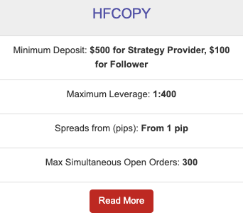 Account details of the HF Markets HFCOPY account